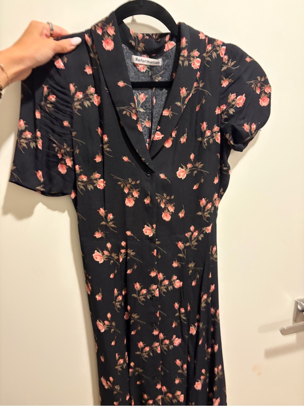 Reformation Black Midi Dress with Pink Rose Floral Print